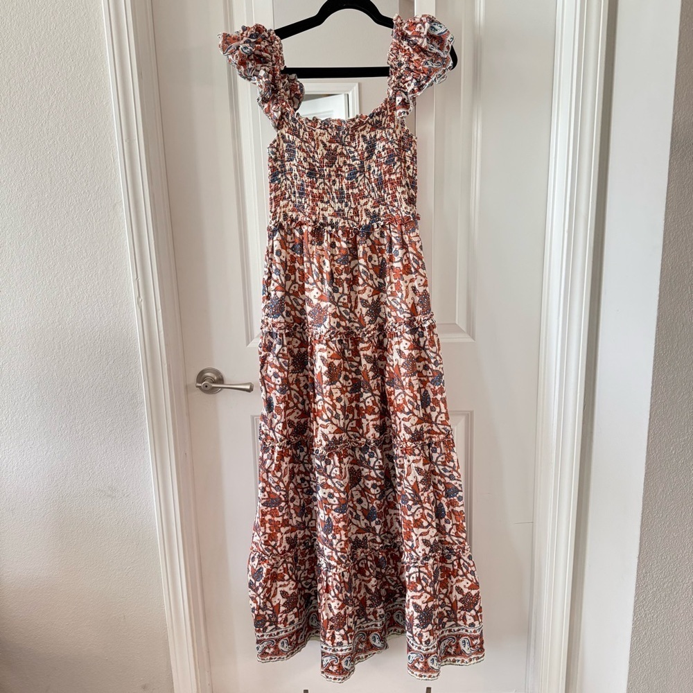 Love The Label Smocked Bust Tiered Maxi Dress in Mable Rust Turquoise Size M - Picture 1 of 5
